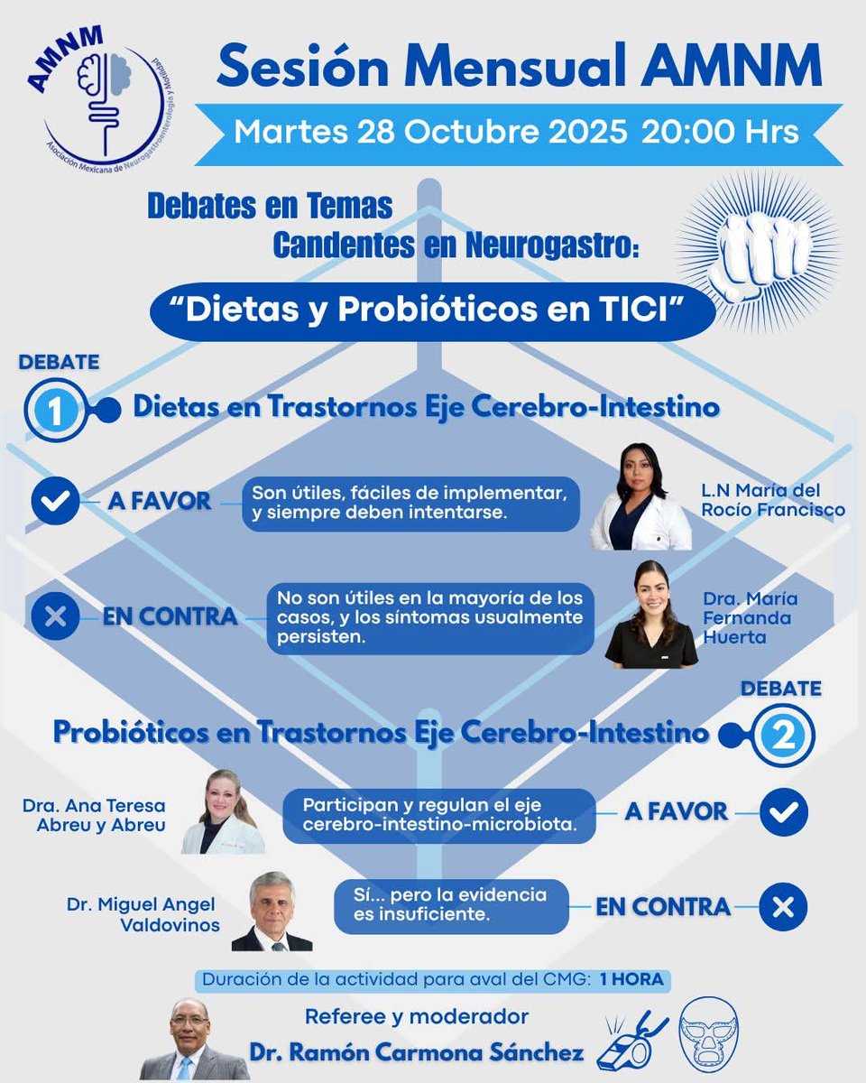 ¡Mañana! 📅  Martes 28 de octubre | 20:00 hrs — no te lo pierdas.

🧠✨ ¡Debates en temas candentes de Neurogastro!

Acompáñanos en la Sesión Mensual AMNM de octubre:
“Dietas y Probióticos en Trastornos del Eje Cerebro-Intestino (TICI)”

Dos debates imperdibles:
1️⃣ Dietas en