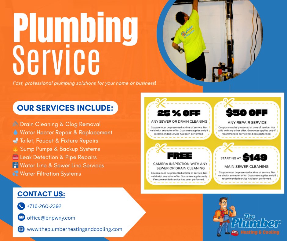 🚿 Expert Plumbing Services You Can Trust in WNY!

From leaky faucets to full pipe replacements, The Plumber Heating &amp; Cooling is your go-to team for honest, reliable plumbing service — done right the first time. 🛠️

We believe in honest recommendations, upfront pricing, and