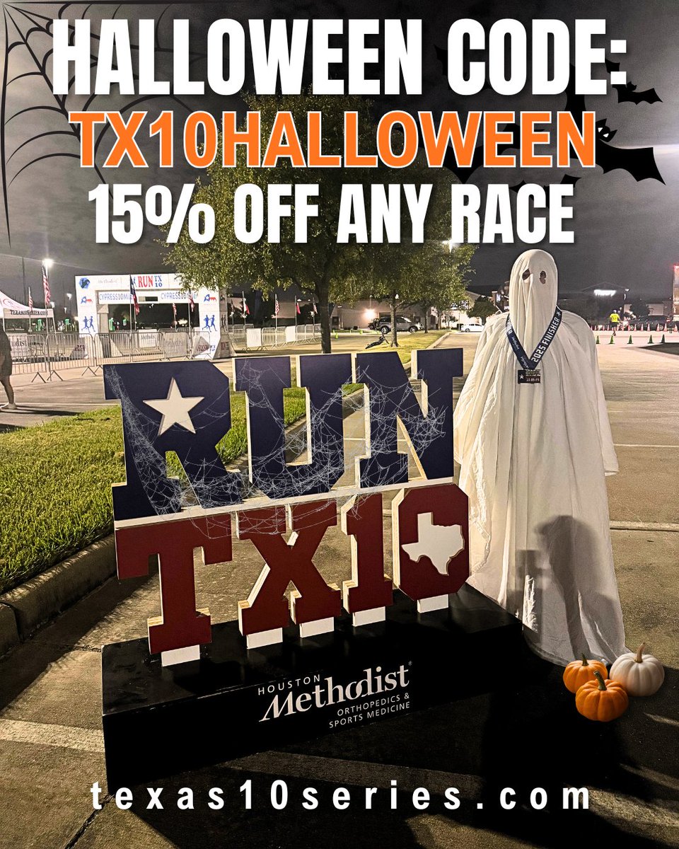 Texas10series's tweet photo. Happy spooky week runners!! Use code TX10HALLOWEEN at checkout when you register for any Texas 10 race this week! The offer is valid starting today until October 31st at MIDNIGHT!👻🏃

Register at https://t.co/XnLRFrwh5K 
#Texas10series #Runtx10 #5k #5mile #10mile #houstonrunning https://t.co/KabkYkN2oG