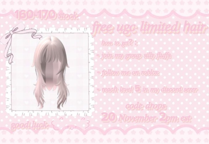 shinesp4rkl's tweet image. Requirements:
Join roblox.com/communities/45…
Follow 
roblox.com/users/48112182…
Reach lvl 5 in my discord server 
discord.gg/UUxQAuQ6e
Code drops 20 Nov 2 pm est good luck sillys :3 💕
#FreeUgc #RobloxFreeUGC #RobloxDev #RobloxUGCLimited