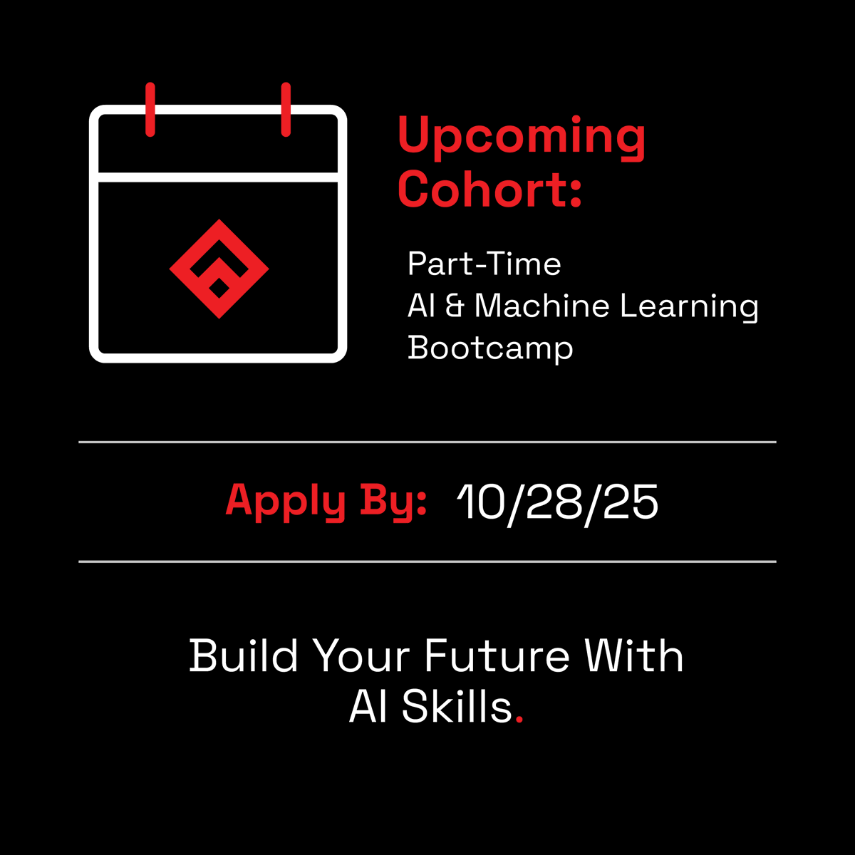 fullstack's tweet image. Last call for applications! Apply to the Fullstack Academy AI &amp;amp; Machine Learning Bootcamp before the application deadline on Tuesday, October 28, 2025 at 11:59 pm ET. Enroll now and save up to $3,000 on tuition with a limited-time discount. fullstackacademy.com/apply