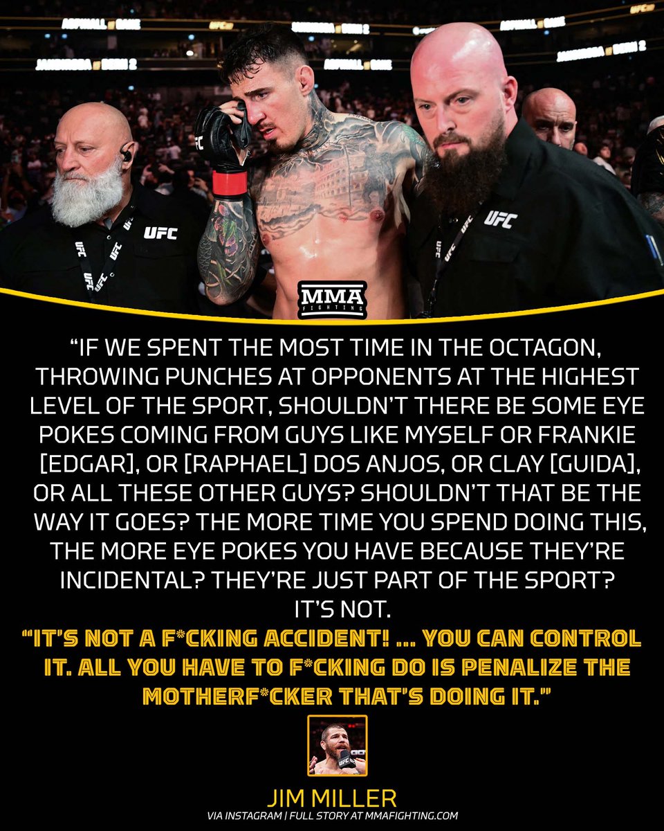 MMAFighting's tweet photo. Jim Miller is FED UP after Ciryl Gane's eye poke of Tom Aspinall ended the #UFC321 abruptly, and he wants officials to do their job! https://t.co/FwPi9EJqAt
