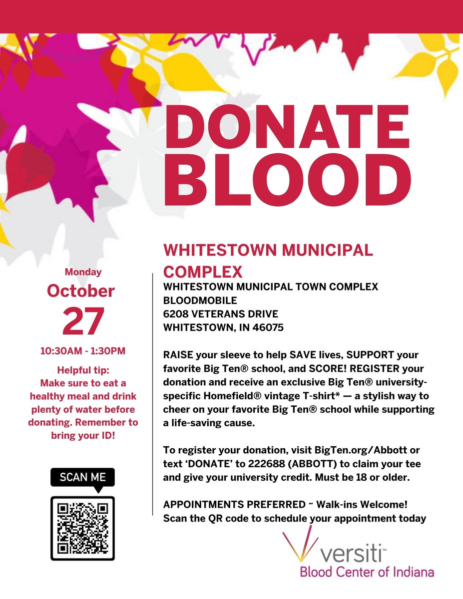 🩸 Reminder: The Versiti Blood Center of Indiana bloodmobile is at the Whitestown Municipal Complex (6210 Veterans Drive) today from 10:30 a.m. to 1:30 p.m.! Your gift could help save a life. ❤️ 

Sign up today ➡️ bit.ly/47lyIMd