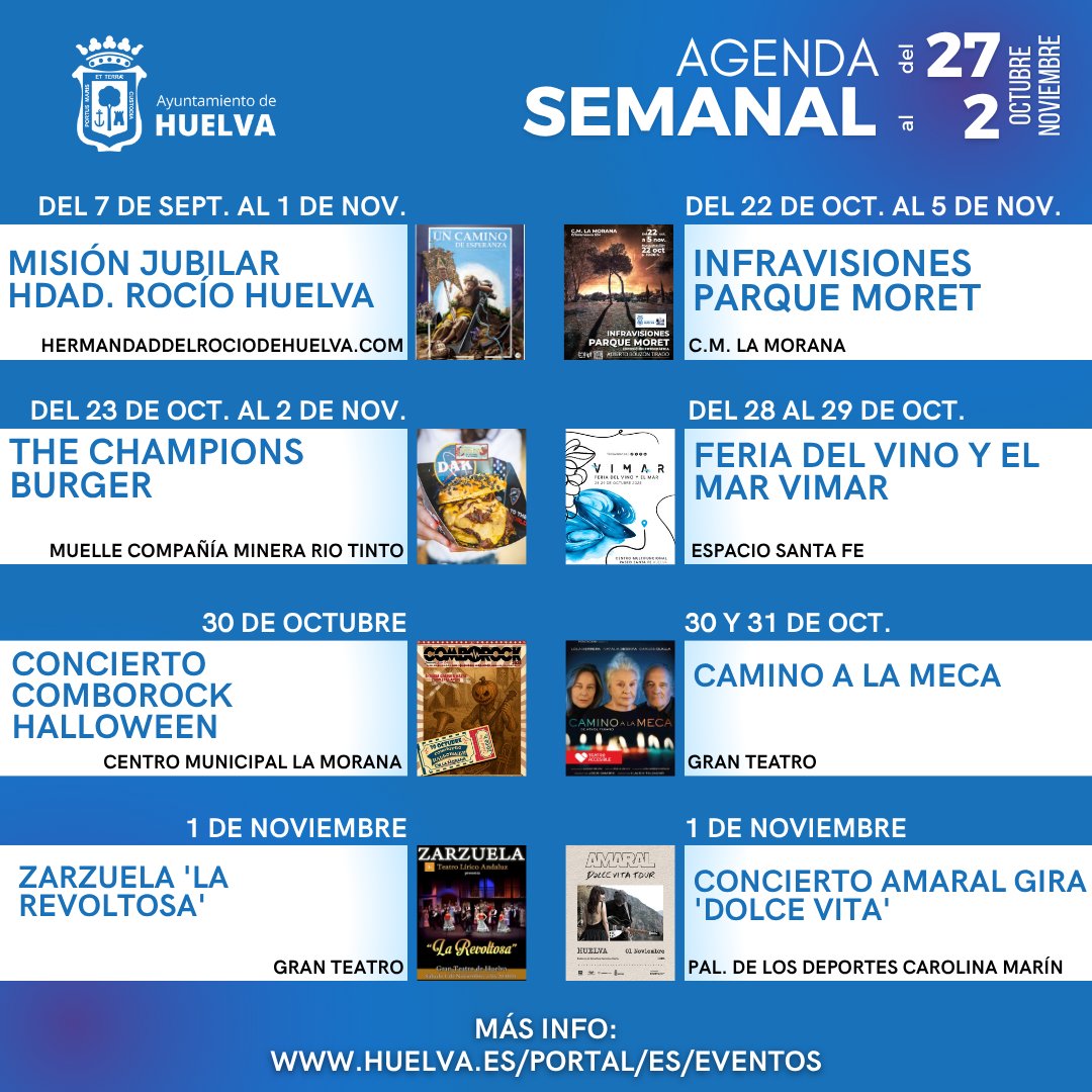 🗓️Os dejamos las propuestas de la agenda de esta semana en Huelva.  

➕Si necesitas más información, consulta la agenda de la web municipal 'Huelva te recomienda' ▶️ huelva.es/portal/es/even…