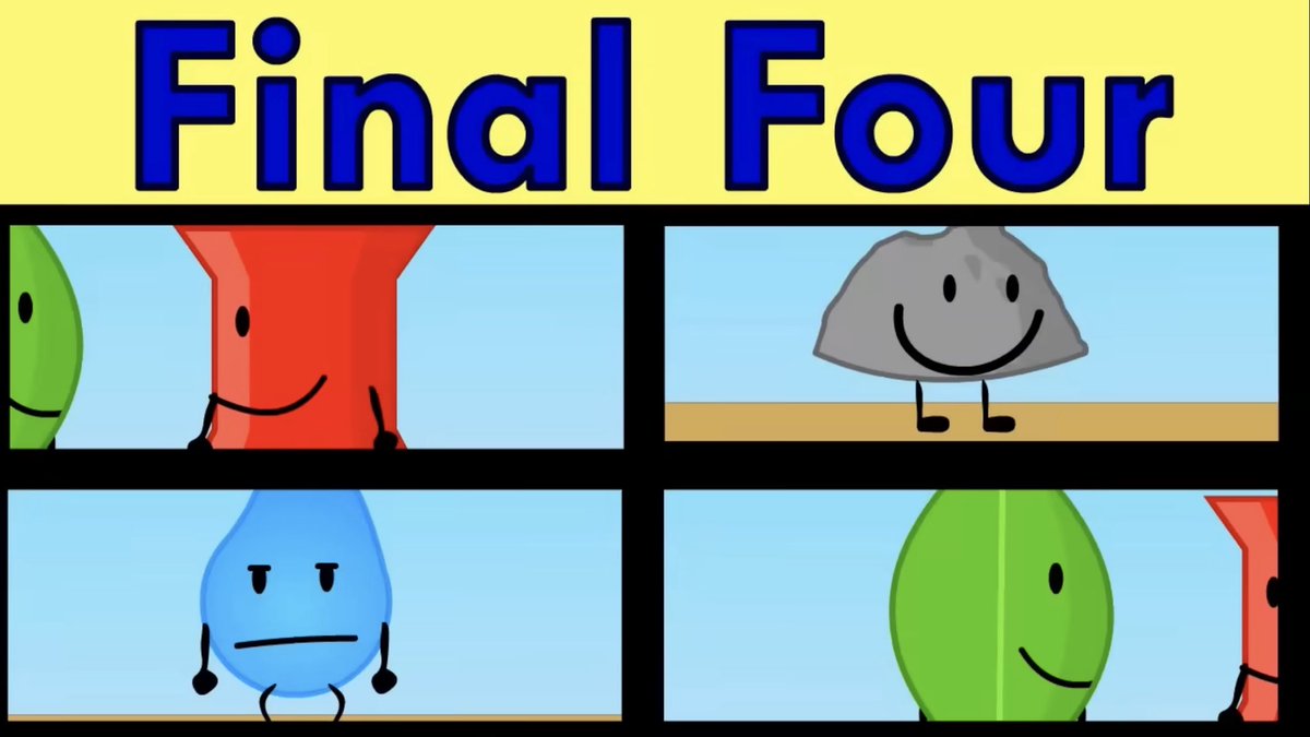 EquatedTable's tweet image. I don’t think I heard anyone ever found out &amp;amp; talked about this before, but I noticed in BFDI 1a, the Final Four banner uses almost-identical color palettes of Four and X (as in their XFOHV designs). #bfdi #xfohv #osc