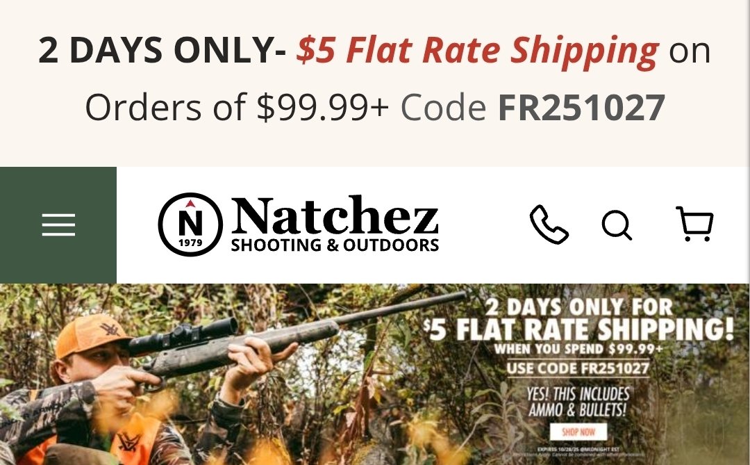 AKballistics's tweet image. 🔥⭐️➡️ alnk.to/cb5v4a1
Natchez has $5.00 Flat Rate Shipping on  orders $99.99 or more.  
Affiliate Link ⭐️🔥
#Ammo #Bullets #Reloading #Prefer #Primers #Hunting #GunDeals @natchezss