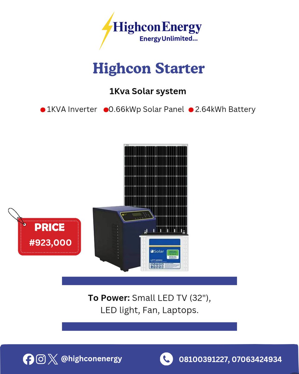 highconenergy's tweet photo. Blackouts shouldn’t control your life ⚡
Choose your perfect solar power from Highcon Energy —
From 1kVA to 5kVA, we’ve got every home covered! 🏠

✅ No fuel
✅ No noise
✅ Just 24/7 clean energy 🌅 https://t.co/Y8uQB34ppK