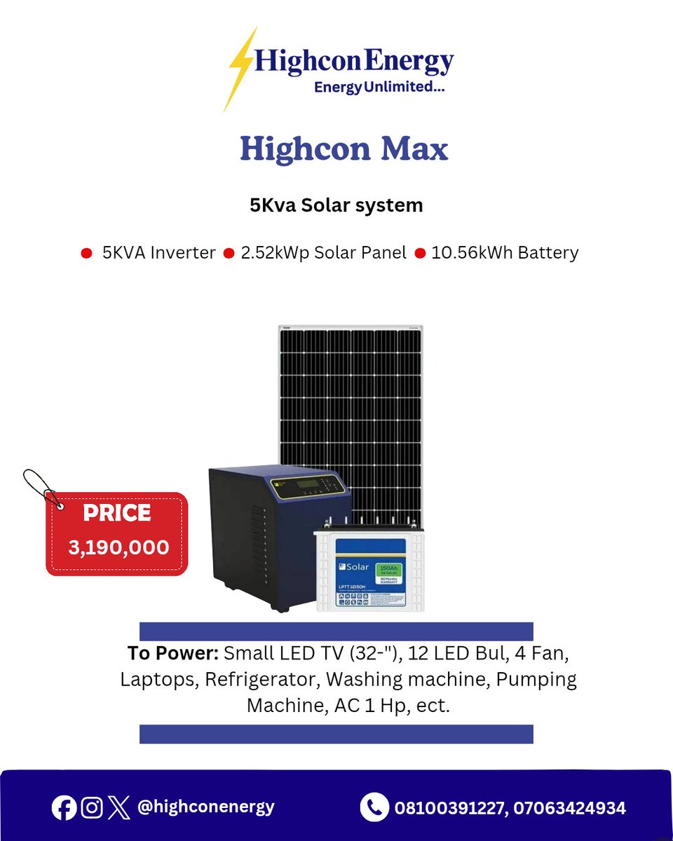 highconenergy's tweet photo. Tap to explore our packages and enjoy Energy Unlimited with Highcon Energy 💡
📞 08100391227 | 07063424934
Follow 👉 @highconenergy

#HighconEnergy #GoSolarToday #EnergyUnlimited #SolarNigeria #NoMoreBlackouts #CleanEnergy https://t.co/ZgsiC3d0vK