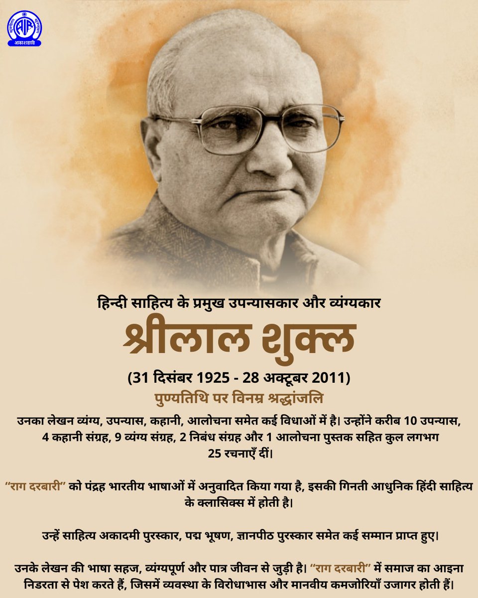 ज्ञानपीठ पुरस्कार से सम्मानित श्रीलाल शुक्ल हिन्दी के प्रमुख साहित्यकार थे। वे समकालीन कथा-साहित्य में उद्देश्यपूर्ण व्यंग्य लेखन के लिये विख्यात थे। उनका सबसे लोकप्रिय उपन्यास 'राग दरबारी' है।  

पुण्यतिथि पर विनम्र श्रद्धांजलि 💐

<a href="/MIB_Hindi/">सूचना एवं प्रसारण मंत्रालय</a> <a href="/MinOfCultureGoI/">Ministry of Culture</a> <a href="/AIRNewsHindi/">आकाशवाणी समाचार</a>