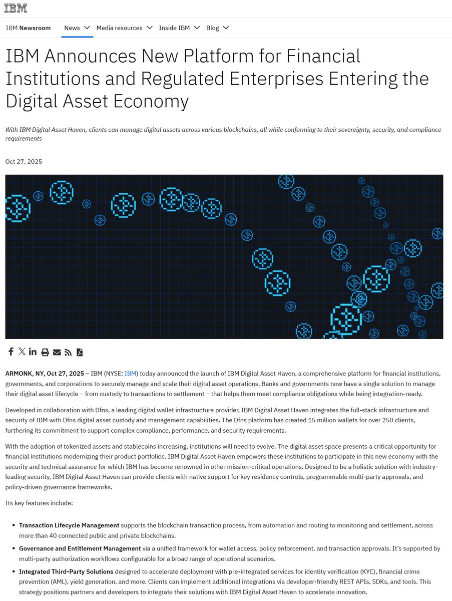 IBM announces "Digital Asset Haven" - a custody service for institutions and governments spanning across 40+ blockchains.

“With IBM Digital Asset Haven, our clients have the opportunity to enter and expand into the digital asset space backed by IBM’s level of security and