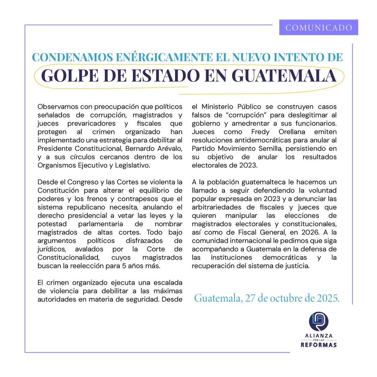 📣#Comunicado | Ante el nuevo intento de golpe de Estado en Guatemala manifestamos👇🏽

#NoAlGolpeDeEstado