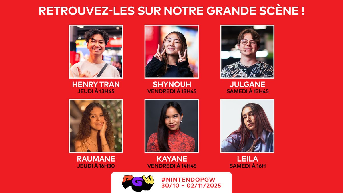 NintendoFrance's tweet image. Cette année, retrouvez @superhenrytran, @Raumane_, @shynouh, @Kayane, @Julgane et @idkbvtimleila tout au long de la semaine sur notre grande scène pour des animations avec les visiteurs du stand ! #NintendoPGW