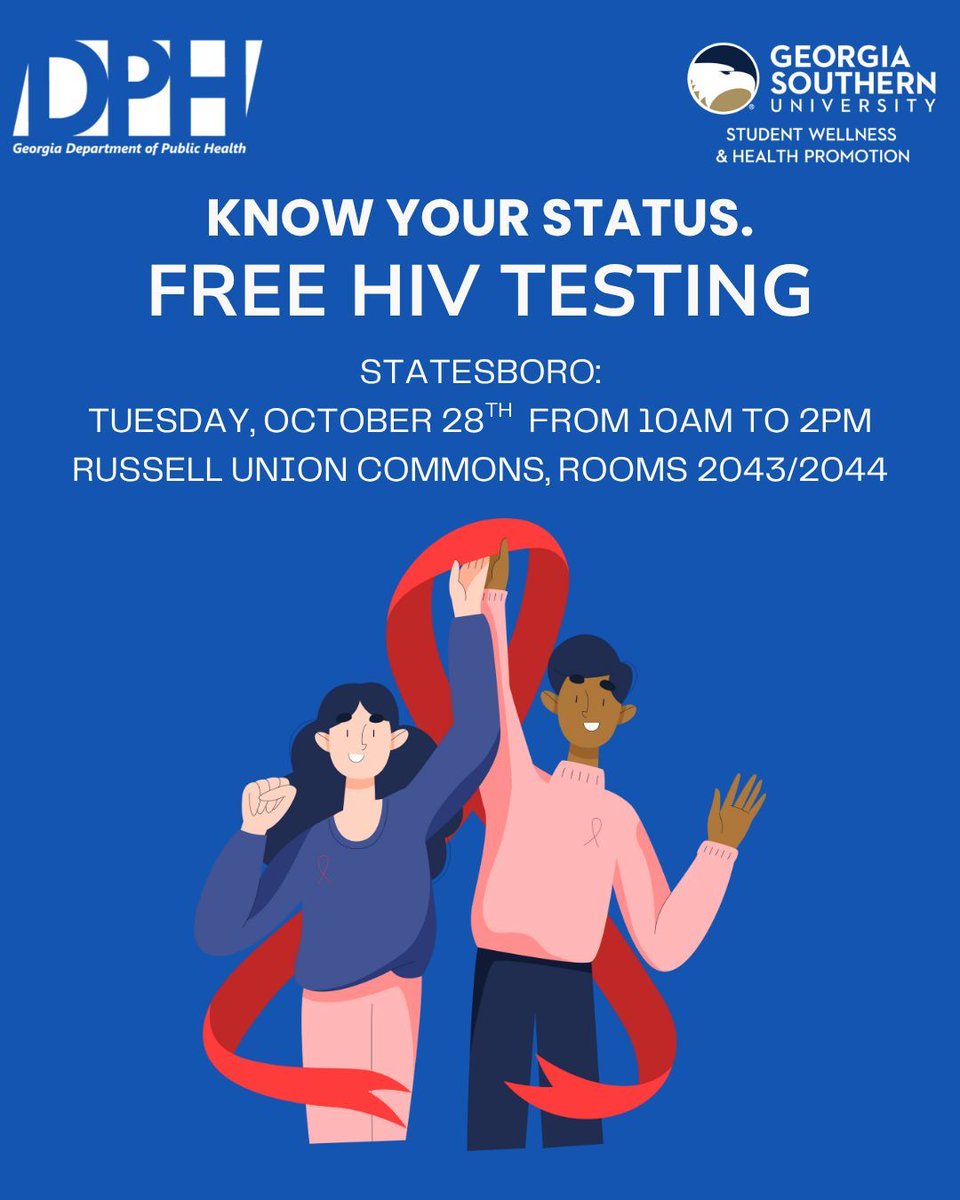 GSswhp's tweet image. 🩺 HIV Testing TOMORROW on Statesboro!
🗓️ October 28 | 🕚 10 AM–2PM
📍Russell Union Commons / Rooms 2043/2044
Fast. FREE. Confidential. Know your status!
#KnowYourStatus #WellnessInAction