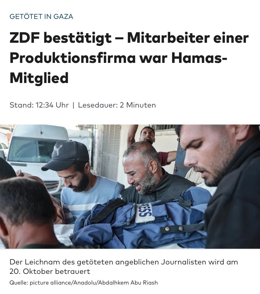 Jetzt wo das ZDF bestätigt, dass ihr „Kollege“ tatsächlich ein Hamas-Terrorist war, darf man ja wohl erwarten, dass das heute Abend im „heute journal“ an erster Stelle gemeldet wird. 
Oder etwa nicht?
Bitte markiert das ZDF falls ihr meiner Meinung sein solltet.