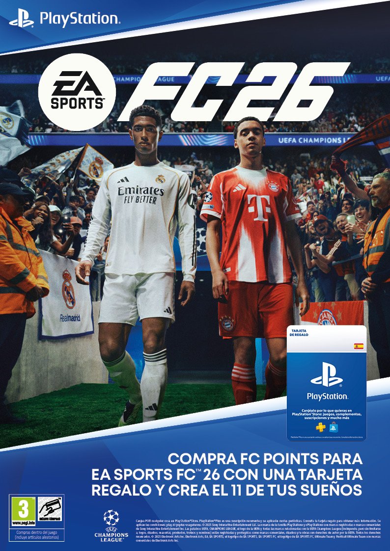 xtralife_es's tweet image. Ha llegado el momento de hacerte con tus FC Points para el nuevo #EASPORTSFC26⚽️

Forma tu equipo ideal comprando puntos con las tarjetas de #PSN

CONSIGUE tu tarjeta desde 10,00 €➡️ tinyurl.com/mryshyr6