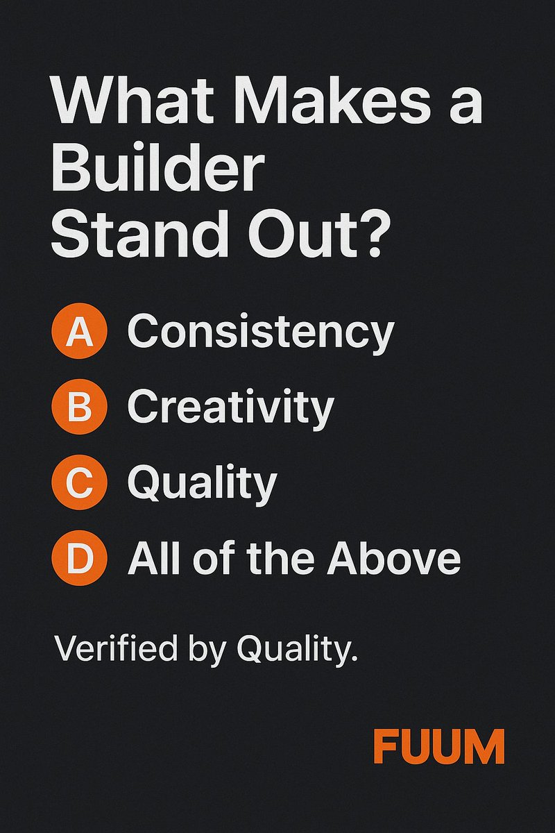 getfuum's tweet photo. GM Web3 ☀️
Let’s be honest, what really makes a builder stand out today?

A) Consistency
B) Creativity
C) Quality
D) All of the above 👇

FUUM rewards those who build with intent, not hype.
#FUUM #Base #BuildOnBase @jessepollak https://t.co/8IYR96KUlm