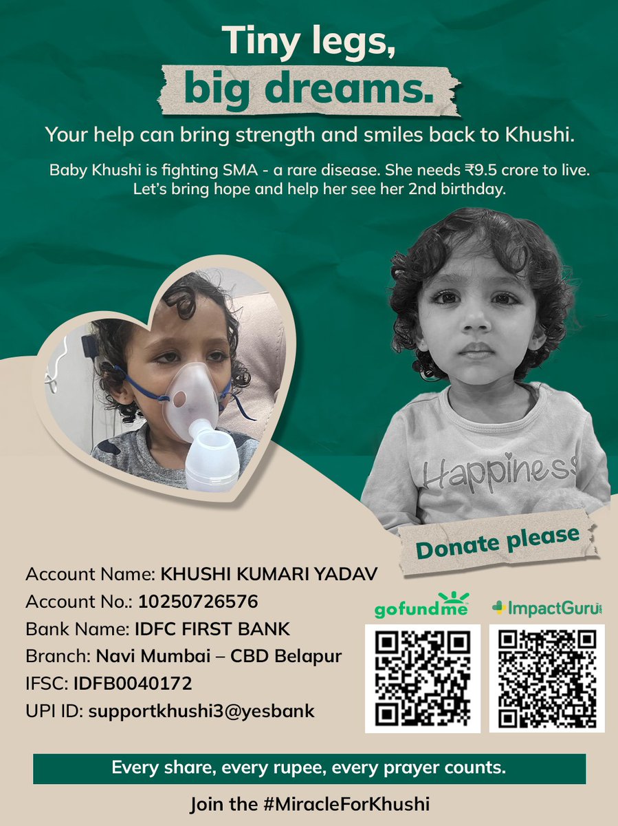 Khushi_SMA2's tweet photo. Meet Khushi, a brave 20-month-old fighting SMA Type 2 - a rare disorder that weakens her muscles and even makes breathing hard.
She needs ₹9.5 crore for life-saving gene therapy before she turns 2. Every day counts. 💛
UPI: supportkhushi3@yesbank
#SaveKhushi #KhushiFightsSMA https://t.co/p2AQxH0Zq1