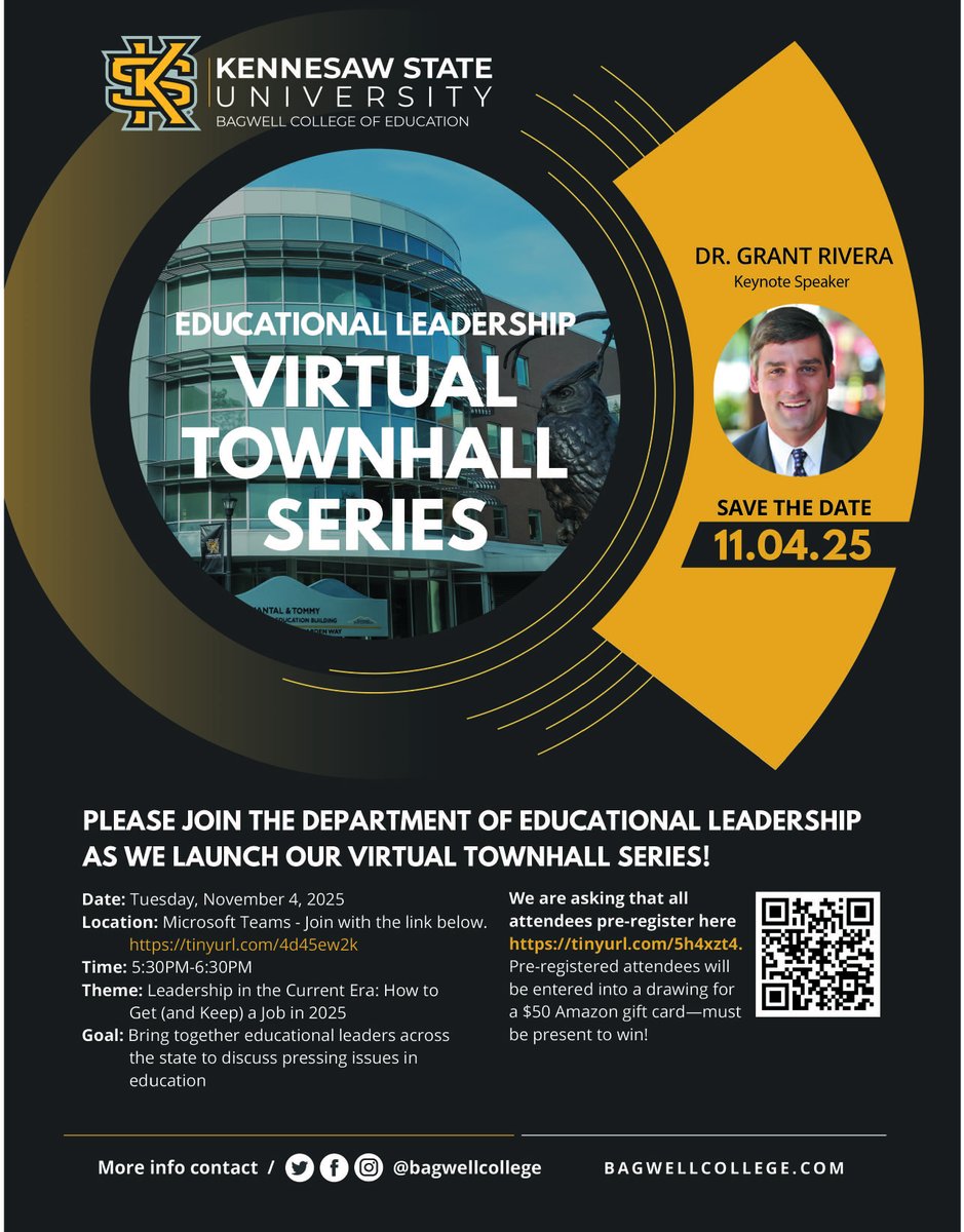 📅 Save the Date!
 Nov. 4 | 5:30 PM — Educational Leadership Virtual Town Hall Series featuring keynote Dr. Grant Rivera!
Join educational leaders across the state to discuss today’s most pressing issues in education.
#EducationalLeadership #KSU #BagwellCollege