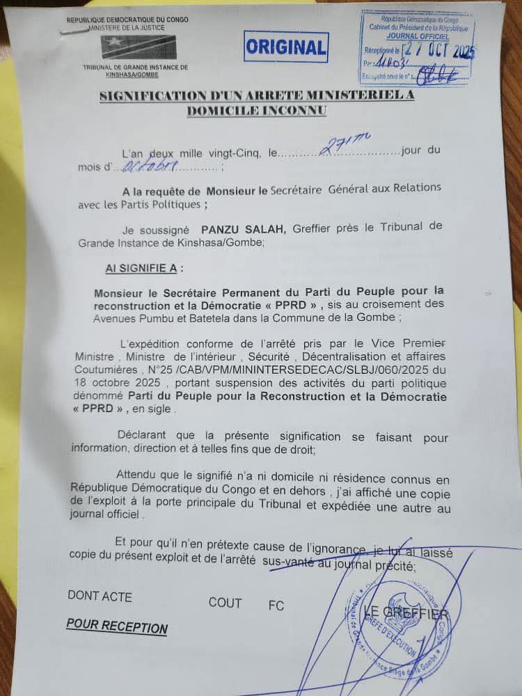 MarleyVuvu's tweet photo. #RDC: 🛑‼️🚨Notification portant suspension des activités du parti politique dénommé Parti du Peuple pour la Reconstruction et la Démocratie « PPRD ». 👇👇👇 https://t.co/Dm0Jk70bw6