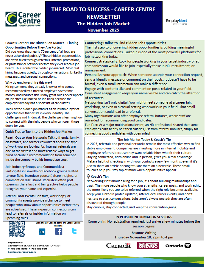 Check out our November Calendar and Newsletter! If you would like assistance with your job search don't hesitate to reach out to schedule an appointment with a Job Coach!