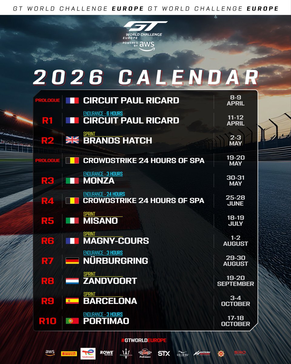 GTWorldChEu's tweet photo. 2026 Calendar - with race formats! 🗓️🔥

Check out our updated 2026 GT World Challenge Europe powered by AWS schedule, now including the format of each round 🏁

What race are you most excited for? 💬

#GTWorldEurope | #GT3 #Motorsport https://t.co/4vUTqKHQEv