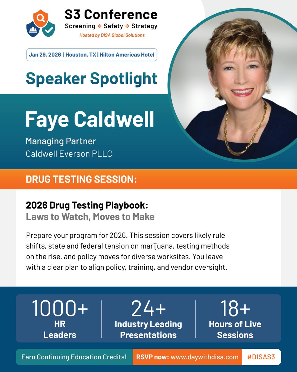 DISAGlobal's tweet image. 💡 Learn from one of the #DrugTesting industry’s top experts, Faye Caldwell, at the 2026 Screening, Safety, and Strategy (S3) Conference! 

➡ Register today to reserve your spot: tinyurl.com/bdhwnn6w

#DISAS3 #EmployeeScreening #EmployeeSafety #HRStrategy #ContinuingEducation