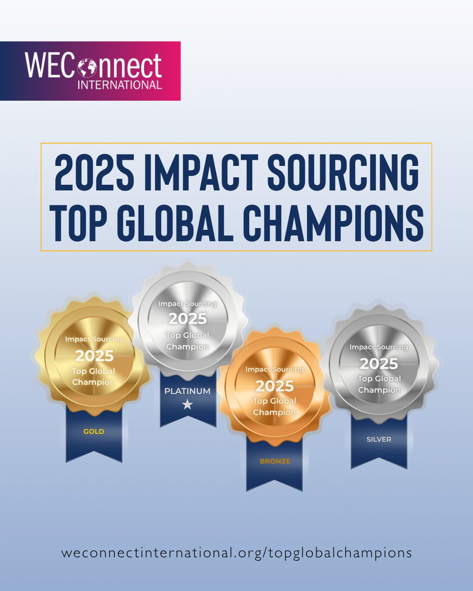 WEConnection's tweet photo. 🏆 WEConnect International is proud to announce the 2025 Impact Sourcing Top Global Champions, a distinction recognizing companies that demonstrate exceptional leadership in global sourcing strategies that empower small and medium enterprises. https://t.co/IxC4iJNZGD