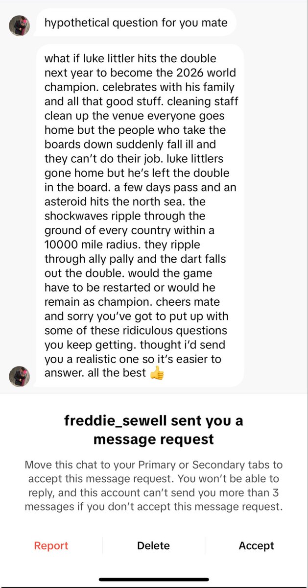 BinksOwen's tweet image. Appreciate all the perfectly reasonable questions I get from darts fans…