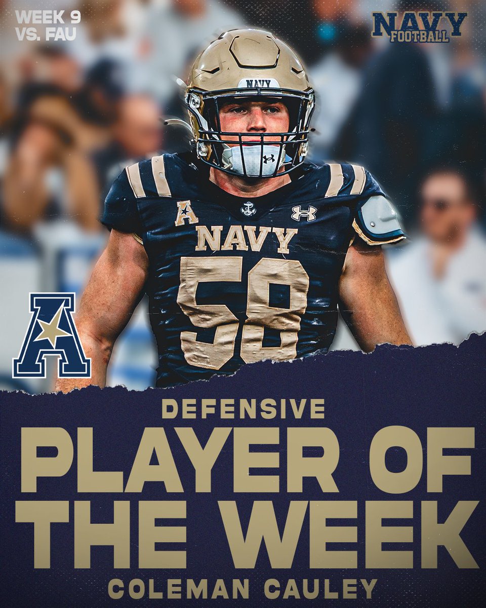 YOUR week 9 <a href="/American_Conf/">The American</a> Defensive Player of the Week: Coleman Cauley!

Cauley made his first career start and helped lead the Midshipmen to a 42-32 victory over Florida Atlantic. The junior recorded a career-high nine tackles, intercepted a pass and forced a fumble, which he