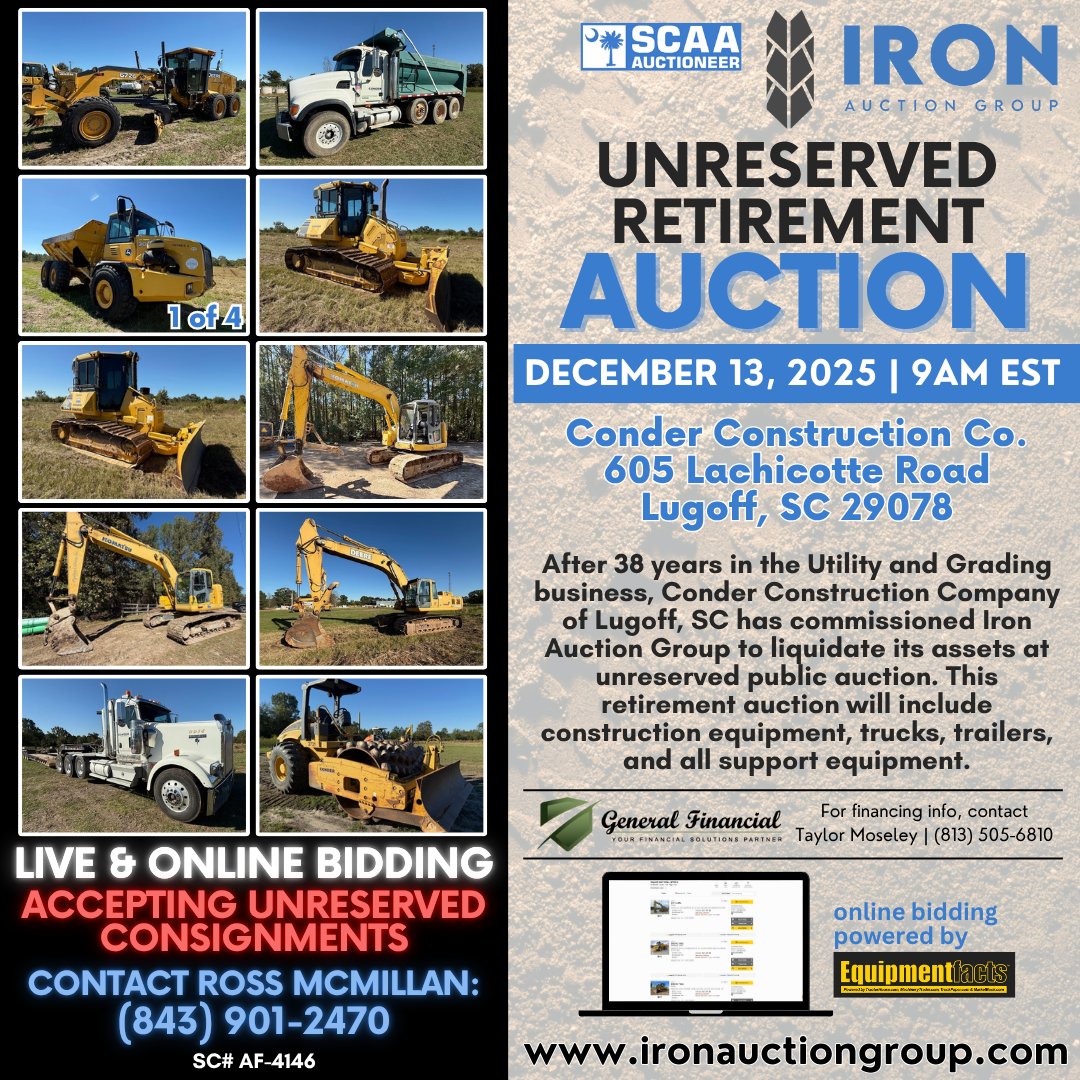 ironauction1's tweet photo. Unreserved Retirement Auction Dec. 13 at 9am in Lugoff, SC and online https://t.co/eAZmzcvaIP https://t.co/5mIk2pZVe9
