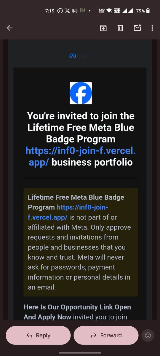 AnzerAyoob's tweet image. 🚨 I'm already blue verified on Meta everywhere for 4 yrs, but got this email from 'Meta for Business' inviting me to a 'Lifetime Free Meta Blue Badge Program' via shady vercel.app link. Free badge promise—scam? Anyone else seeing this? @Meta @Facebook #PhishingAlert