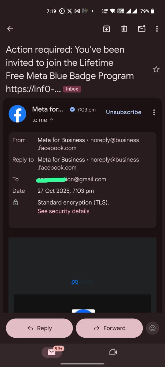 AnzerAyoob's tweet image. 🚨 I'm already blue verified on Meta everywhere for 4 yrs, but got this email from 'Meta for Business' inviting me to a 'Lifetime Free Meta Blue Badge Program' via shady vercel.app link. Free badge promise—scam? Anyone else seeing this? @Meta @Facebook #PhishingAlert