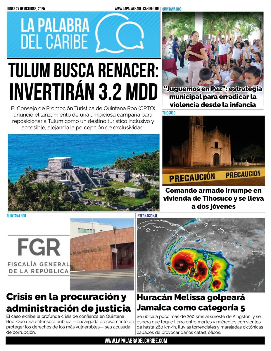 Tulum busca renacer: invertirán 3.2 millones de dólares para recuperar su brillo turístico - bit.ly/3WTZExM
----
Cancún impulsa “Juguemos en Paz”: estrategia municipal para erradicar la violencia desde la infancia - bit.ly/4of98je