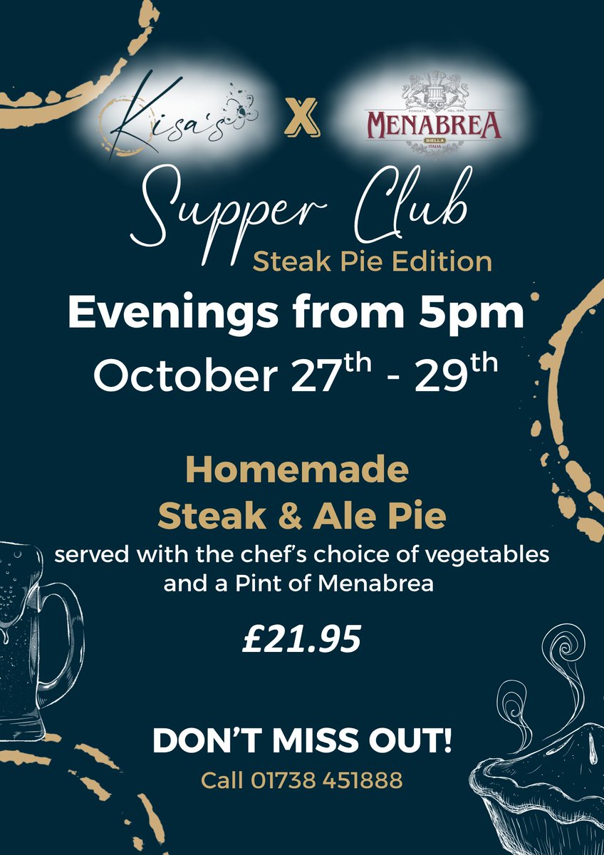kisas_perth's tweet photo. Starting tonight — Kisa’s Supper Club in partnership with Menabrea! 🍺✨

Pop in from tonight through Wednesday from 5pm to experience Kisa’s Supper Club: Steak Pie Edition 🥧
Think, crisp puff pastry, mouthwatering steak &amp; ale filling, and the chef’s choice of vegetables. https://t.co/lga9kGS5xL