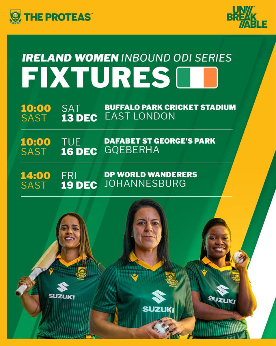 ProteasWomenCSA's tweet image. Summer. Sun. Sizzling Cricket ☀️🏏🇿🇦

#TheProteas Women are set to host Ireland Women right here in Mzansi this December for an unforgettable inbound tour! 

Don’t miss the festive cricket action! Tickets will go live on 3 November 2025! 🎟️

#Unbreakable