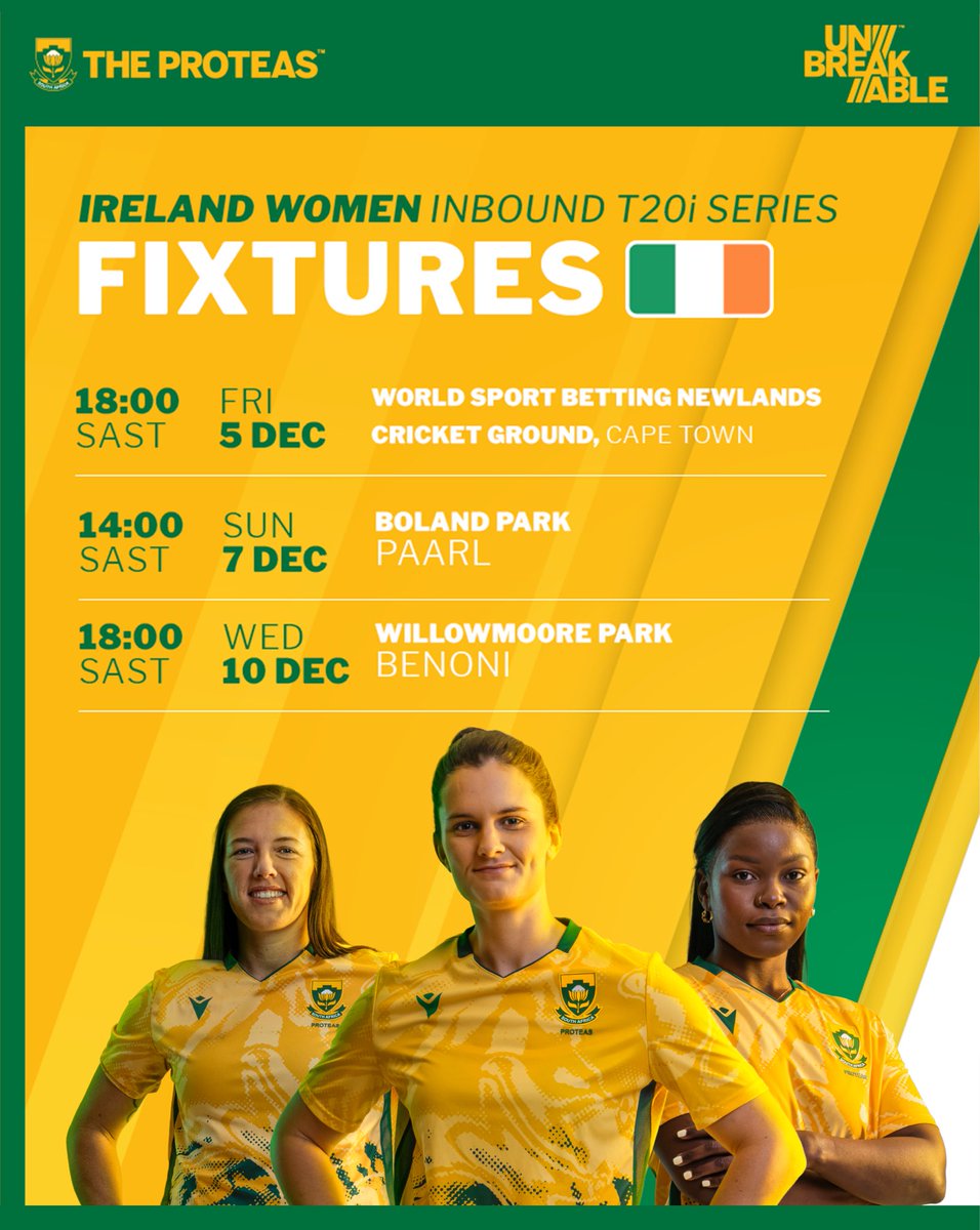 ProteasWomenCSA's tweet image. Summer. Sun. Sizzling Cricket ☀️🏏🇿🇦

#TheProteas Women are set to host Ireland Women right here in Mzansi this December for an unforgettable inbound tour! 

Don’t miss the festive cricket action! Tickets will go live on 3 November 2025! 🎟️

#Unbreakable