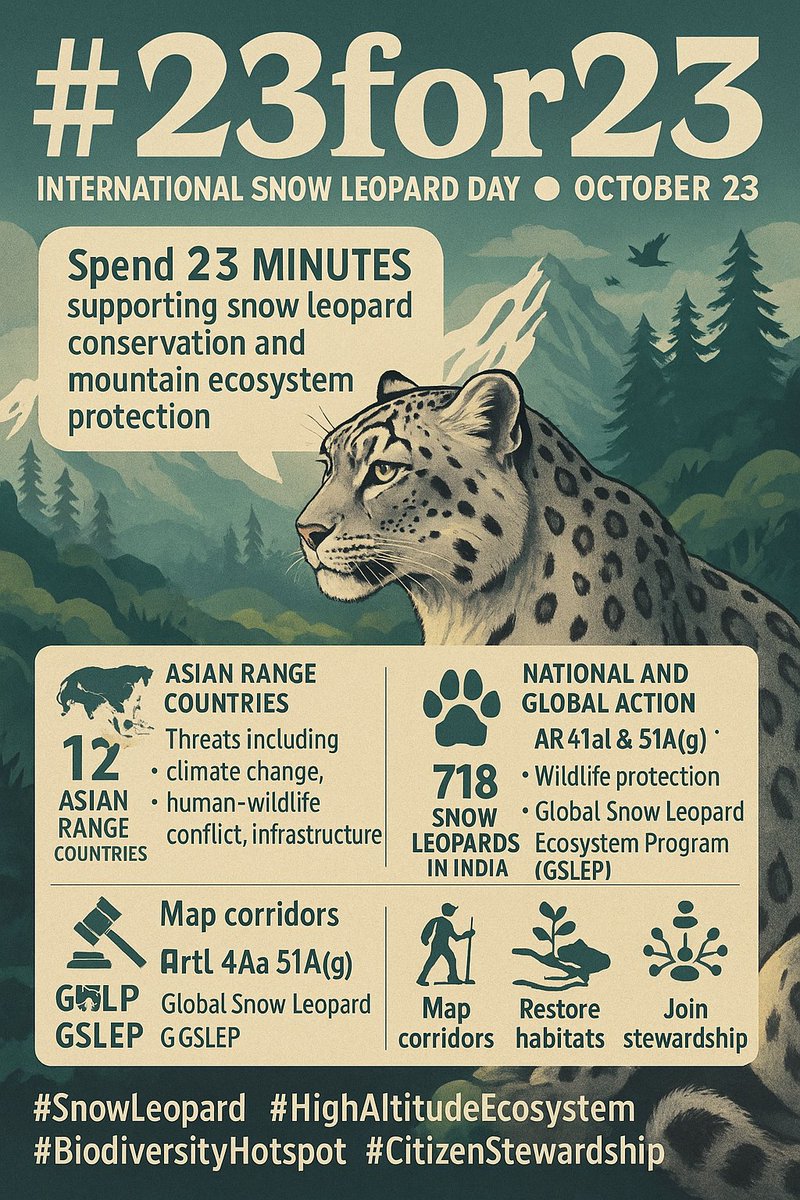Rajmalhotrachd's tweet photo. 🚀 UPSC 2026: #23for23 Initiative
#SnowLeopard #GSLEP 🐾
1) Essence in One Line
On 23 Oct, citizens worldwide commit 23 minutes of activity to spotlight snow-leopard conservation and high-altitude ecosystem security. #MoveForTheMountainGhost
🧾 #23for23 #SnowLeopard #HighAltitudeEcosystem #BiodiversityHotspot #MountainGovernance #UPSC2026 #GSLEP #ProjectSnowLeopard #NatureBasedSolutions #CitizenStewardship 🏔️🌿🐾