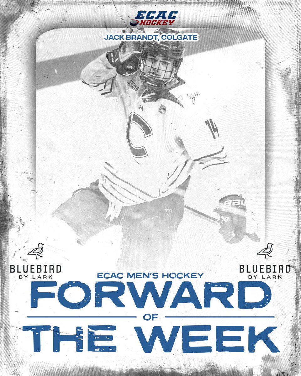 Forward of the Week, presented by <a href="/bluebirdhotels/">Bluebird Hotels</a>: 
Jack Brandt netted three goals this weekend, including two power-play goals that helped <a href="/ColgateMIH/">Colgate Men's Hockey</a> to an upset of Maine!

<a href="/MadCapsHockey/">Madison Capitols</a>, <a href="/TABORPUCK/">Tabor Boys Hockey</a>

#ECACHockey 

Defender of the Week, Tristian Sarsland posted one goal and