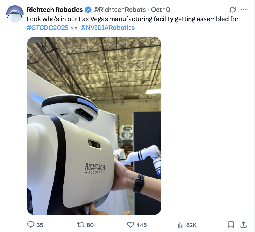 CapybaraShort's tweet image. $RR many retail traders think Richtech will unveil a humanoid robot at $NVDA conference.
Our predictions based on actual research:
- 80% releases a new shell for the tabletop ADAM bot
- 15% puts RR sticker on off-the-shelf Chinese bot
- 5% lies about future humanoid made by RR