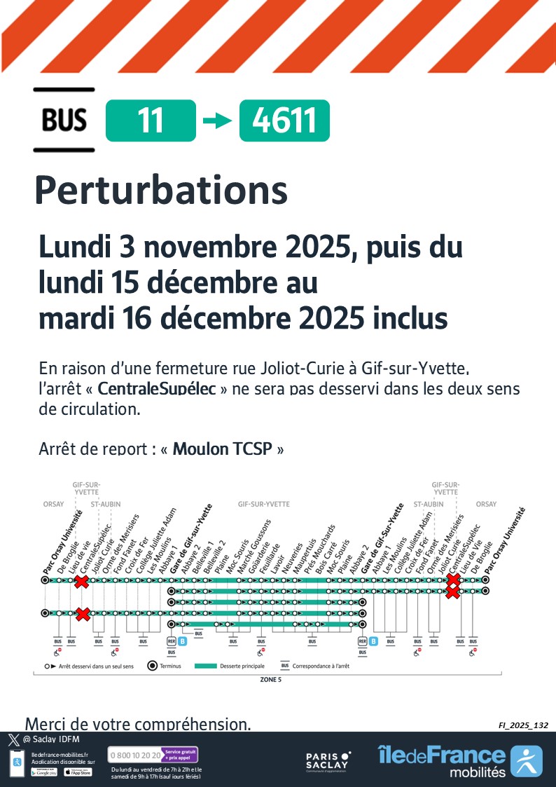 🚨 #infotrafic #Travaux #Ligne4611 #GifsurYvette
‼️Lundi 3 novembre 2025
🚧rue Joliot-Curie à Gif-sur-Yvette
❌Arrêt 'CentraleSupélec' non desservi
✅Arrêt de report : 'Moulin TCSP'

<a href="/MobParisSaclay/">Mobilités - Paris-Saclay</a> <a href="/VilleGif/">Ville de Gif</a> <a href="/Orsaynotreville/">Ville d'Orsay</a>