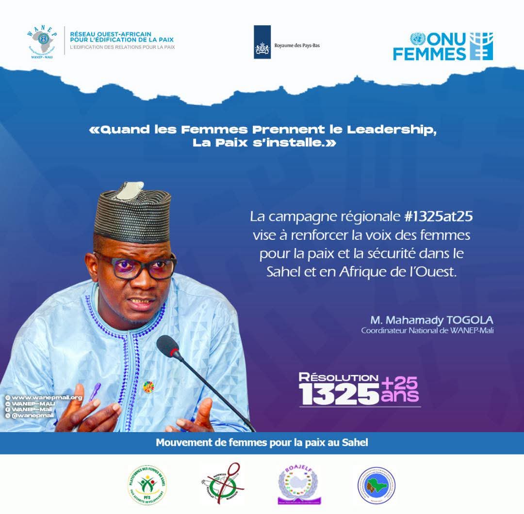 La campagne #1325at25 renforce la voix des femmes pour la paix et la sécurité dans le Sahel.
Parce qu’aucune paix durable n’est possible sans leadership féminin. 

#FemmesPaixSécurité #LeadershipFéminin 

<a href="/unwomenafrica/">UN Women Africa</a> <a href="/onufemmesmali/">ONU Femmes au Mali</a>
<a href="/PNUDMALI/">PNUD MALI</a>  <a href="/NLauMali/">Ambassade des Pays-Bas au Mali</a> <a href="/DutchMFA/">Dutch Ministry of Foreign Affairs 🇳🇱</a>