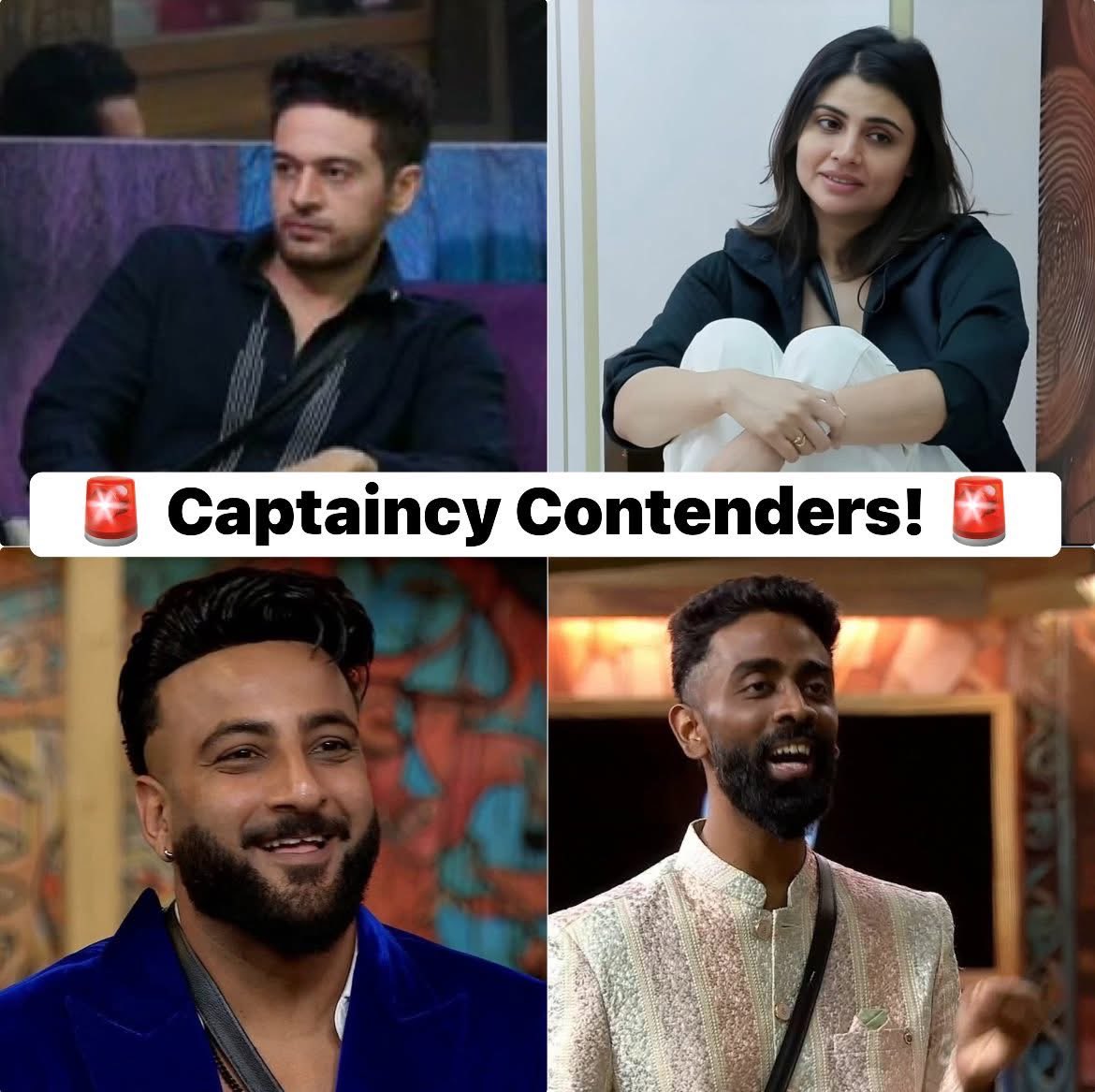 tellykhazana's tweet photo. 🚨 Captaincy Contenders!

🏆 Gaurav
🏆 Malti
🏆 Pranit
🏆 Shehbaz

These four have the highest score and will compete for captaincy this week 👑🔥
Who’s your pick?

#BB19 #BiggBoss19 #CaptaincyTask https://t.co/2RSJwCI9ik