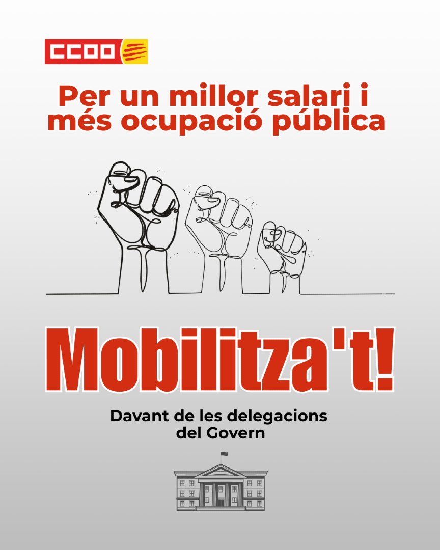 ccoocatalunya's tweet image. Millors salaris i millor ocupació al sector públic vol dir millors serveis per a tothom.

El 30 d’octubre ens mobilitzem davant de les subdelegacions del Govern de l’Estat per defensar la feina i els serveis públics de qualitat.

🕛 12 h a Barcelona, Girona, Lleida i Tarragona.