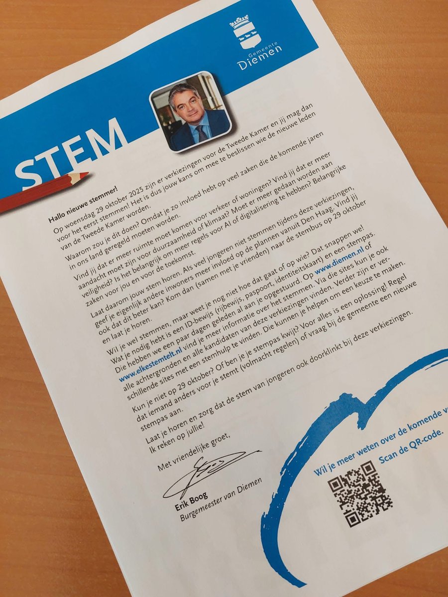 Ook dit keer roep ik jongeren in Diemen per brief en via social media op hun stem uit te brengen bij de Tweede Kamerverkiezingen.

Laat je horen en zorg dat de stem van jongeren ook doorklinkt bij deze verkiezingen!

Elke stem telt! #verkiezingen2025