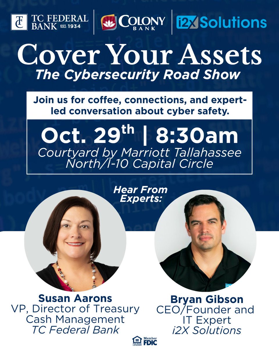 i2xsolutions's tweet image. 🛡️ Cover Your Assets: The Cybersecurity Road Show is this Wednesday!

Join us for coffee, connections &amp;amp; insights to help protect what you’ve built.

📅 Oct 29 | 8:30 AM | Courtyard Marriott TLH

Register: loom.ly/w9J8164

#CyberSafetyRoadShow #CybersecurityAwarenessMonth