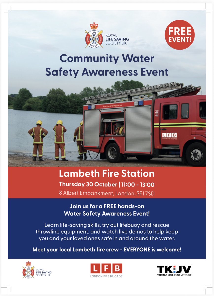 FireLambeth's tweet image. 🚨 FREE Community Water Safety Awareness Event! 🚨
📍 Lambeth Fire Station, 8 Albert Embankment, London, SE1 7SD
📅 Thursday 30 October 2025
🕚 11:00 AM – 1:00 PM

#WaterSafety #CommunityEvent #LambethFireStation #RLSSUK #LondonFireBrigade #TarmacKierJV #StaySafeNearWater