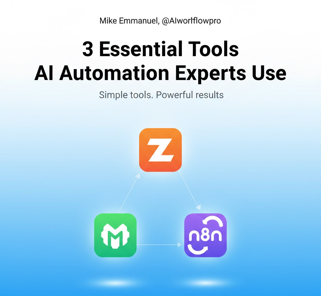 AIWorkflowspro's tweet image. Day 10
3 Essential Tools AI Automation Experts Use
In the world of automation, the right tools determine how efficient and scalable your workflows become.
Here are three industry-standard platforms widely used to design powerful, result-driven automation systems