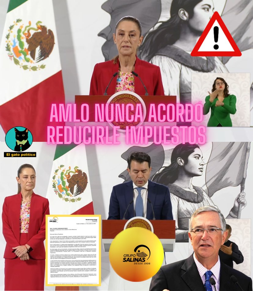 elgatopolitico_'s tweet photo. 🔴🔴¡Fuerte!
El Gobierno de México desmiente a Grupo Salinas y niega que AMLO haya acordado reducirle los impuestos. No existe ningún documento firmado, todo es ficción del evasornícola.
La ley y es la ley y debe 74 mil millones de pesos:

"Hubieron reuniones, pero nunca se acordó un monto, ni la ruta de soluciones [...] Nunca se firmó un acuerdo, no existe un documento firmado, el entonces presidente AMLO me instruyó, además, que para cualquier acuerdo no se podían condonar impuestos", explicó Arturo Medina.
#MañaneraDelPueblo 📛📛