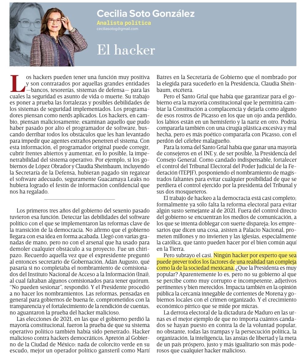Ningún hacker puede controlar todos los factores de una sociedad tan compleja como la mexicana.
Popularidad no es lo mismo que buen gobierno; corrupción, crimen y estancamiento económico pesan más que los discursos. ✒️ <a href="/ceciliasotog/">Cecilia Soto 🇺🇦</a>
