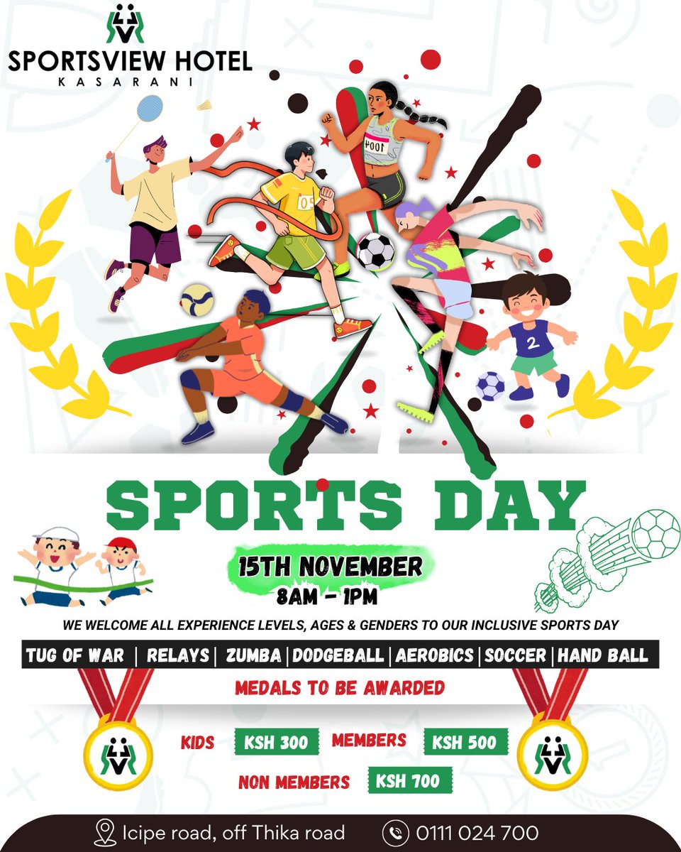 Sportsviewhotel's tweet photo. 🏃‍♀️🔥 It’s Game Time at Sportsview Hotel!
Mark your calendars for Saturday, 15th November | 8AM – 1PM and bring your A-game to our all-inclusive Sports Day at Kasarani! 💪

Medals to be awarded!

Kids – Ksh 300 |
Members – Ksh 500 |
Non-members – Ksh 700 https://t.co/JpVSaG87Pf